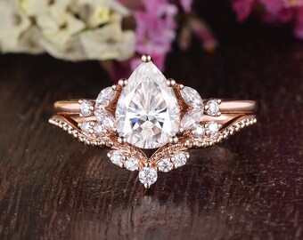 Art Deco Moissanite Engagement Ring Pear Cut Moissanite Ring Bridal Sets Rose Gold wedding Ring Milgrain Ring Marquise Cluster RingFor Women