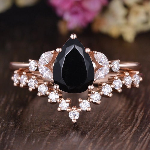 Pear Shaped Black Rutilated Quartz Engagement Ring Set Rose - Etsy