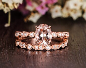 Rose Gold Engagement Ring Antique Oval Cut Morganite Ring Solitaire Diamond Women Antique Unique Art Deco Wedding Stacking Retro Gift 2pcs