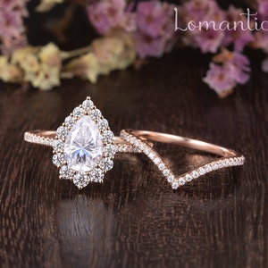 1.5ct Pear Shaped Moissanite Engagement Ring Set Vintage Unique Chevron Band Stacking Halo Wedding Ring Rose Gold Bridal 2pcs Cluster Ring image 1