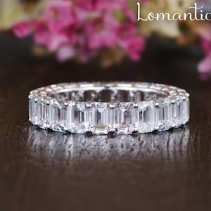 Aquamarine Wedding Band Full Eternity White God Promise Ring Emerald Cut Aquamarine Ring Stacking Wedding Band For Women March Birthstone image 1