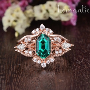 Sechseck Smaragd Ring für Frauen Verlobungsring Solitär Smaragd Brautring Set Art Deco Ring Milgrain Hochzeit Band Rosegold 3stk