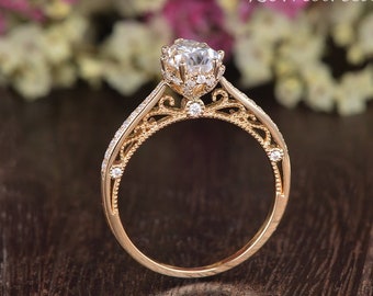 Peekaboo Moissanite Ring Pear Shaped Engagement Ring Yellow Gold Hidden Halo Wedding Ring Filigree Art Deco Ring Cathedral Ring Solitaire