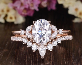 Vintage Oval Cut Moissanite Engagement Ring Rose Gold Ring Art Deco Wedding Ring Bridal Set Half Eternity Curved Wedding Band For Women 2pcs
