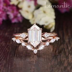 Hexagon Cut Moissanite Engagement Ring Kite Cut Bezel Bridal Set Marquise Cut Wedding Band Anniversary Women Art Deco Moissanite Ring 2pcs