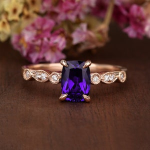 Cushion Cut Amethyst Ring February Birthstone Engagement Ring Rose Gold Art Deco Solitaire Purple Elongated Cushion Diamond Woman Antique