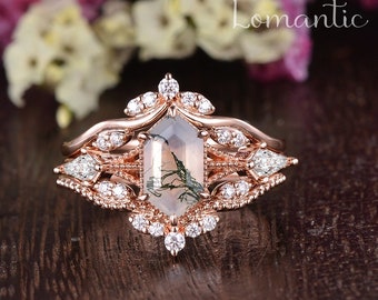 unique Long hexagon Moss Agate engagement ring set vintage engagement ringset Rose gold leaf wedding ringset Bridal promise anniversary ring