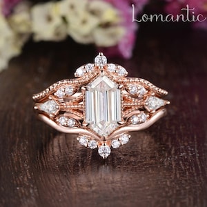 Vintage Long Hexagon Cut Moissanite Engagement Ring Bridal Sets 3pcs Vintage Yellow Gold Leaf Flower Wedding Ring Set Bridal Promise Ring