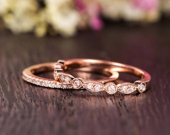 Wedding Band Women Antique Ring Set Rose Gold Art Deco Diamond Wedding Ring Half Eternity Retro Stacking Anniversary Promise Milgrain 2pcs