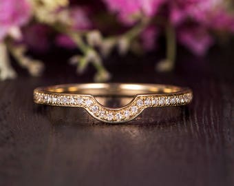 Customized Wedding Band Women Diamond Antique Matching Ring Curved Yellow Gold Half Halo Eternity Retro Stacking Anniversary Promise Engrave