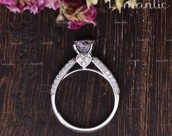 1ctw Moissanite Engagement Ring Unique 3D Diamond Wedding Band Solitaire Ring White Gold Heart Cathedral Setting Vintage Moissanite Ring