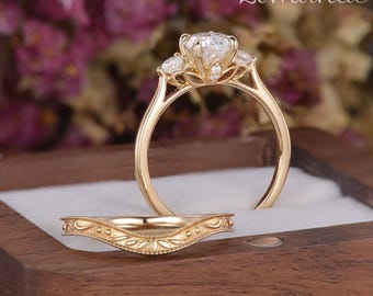 Vintage Pear Cut Moissanite Floral Bridal Set  Three Stone Solid Gold Milgrain Lotus Floral Wedding Band Unique Promise Anniversary Ring