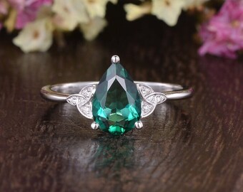 Vintage Celtic Emerald Moissanite Engagement Ring Diamond White Gold Pear Solitaire Minimalist Unique May Birthstone Wedding Ring For Women