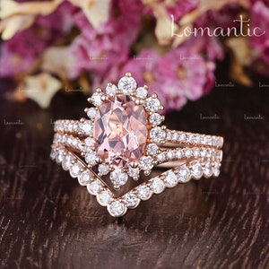 7X9mm Morganite Engagement Ring Set Rose Gold Morganite Ring Antique Double Chevron Diamond Band Floral Moissanite Halo Ring Bridal Set 2pcs