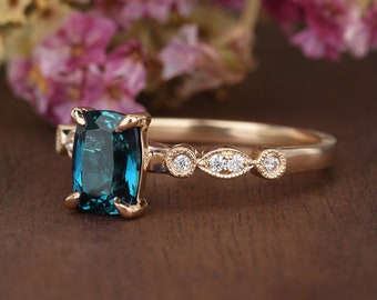 Yellow Gold Engagement Ring London Blue Topaz Elongated Cushion Cut Natural Diamond Art Deco Solitaire Ring For Woman Antique Anniversary