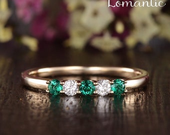 Emerald Wedding Band Women Birthstone Rings Stacking Band Dainty Unique Promise Ring Moissanite Diamond Wedding Ring Women Anniversary Gift