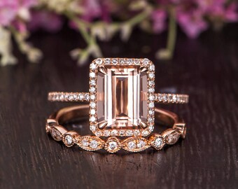 Emerald Cut Morganite Engagement Ring Rose Gold 7x9mm Antique Morganite Ring Woman Bridal Set Wedding Promise Diamond Halo 2pcs Ring Set