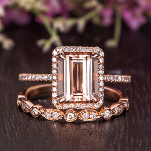 Antique Morganite Ring Emerald Cut Engagement Ring Rose Gold - Etsy