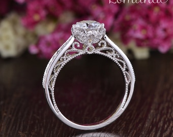 1ct Brilliant Round Moissanite Engagement Ring Filigree Unique Antique White Gold Engagement Ring Cathedral Vine Flower Solitaire Ring