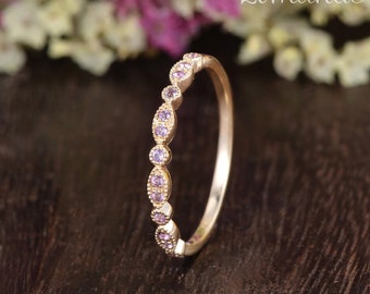 Amethyst Band Gold Wedding Band Women Art Deco Rings Stacking Antique Mini Band Dainty Beaded Milgrain Ring February Birthstone Anniversary