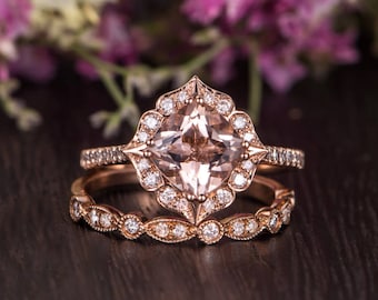 Art Deco Morganite Engagement Ring Set Rose Gold Cushion Cut Antique Diamond Halo Anniversary Wedding Band Women Bridal Wedding Set 2 pcs