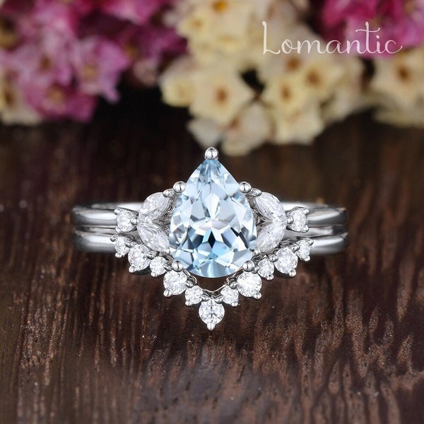 Aquamarine Engagement Ring Bridal Set White Gold Moissanite Ring V Shaped Wedding Band Pear Shaped Aquamarine Birthstone Gift For Women 2pcs