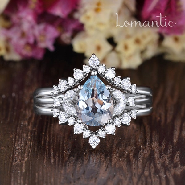 Natural Aquamarine Engagement Ring White Gold Moissanite Ring Pear Shaped Ring Set Curved Wedding Band March Birthstone Gift For Women 3pcs