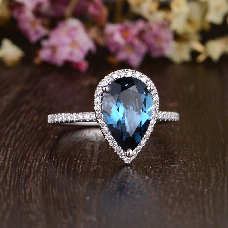 Pear Shaped London Blue Topaz Engagement Ring White Gold Engagement Ring 812mm 3ct Cocktail Ring Unique Birthstone Promise Anniversary Gift image 3
