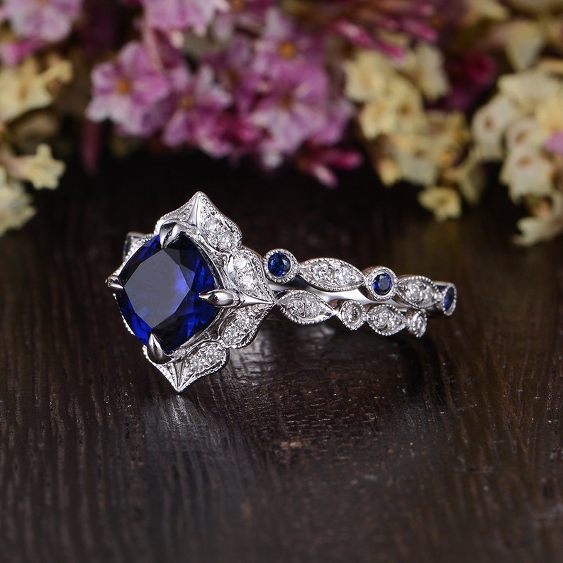 Art Deco Bridal Set White Gold Engagement Ring Cushion Cut Lab Sapphire Ring September Birthstone Wedding Band Alternating Diamond Band 2pcs image 7