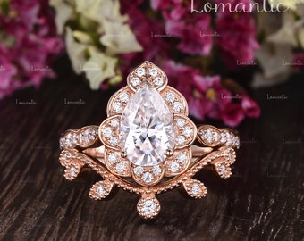 1.5ct Floral Moissanite engagement ring set rose gold Unique diamond band Art deco band Bridal wedding Milgrain Anniversary ring set 2pcs