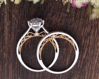 Filigree 1.5CT Oval Moissanite Engagement Ring Set Peekaboo Diamond 14k Gold mixed Metal Bridal Ring Set 2pcs 6*8 mm Oval Bridal Set For Her