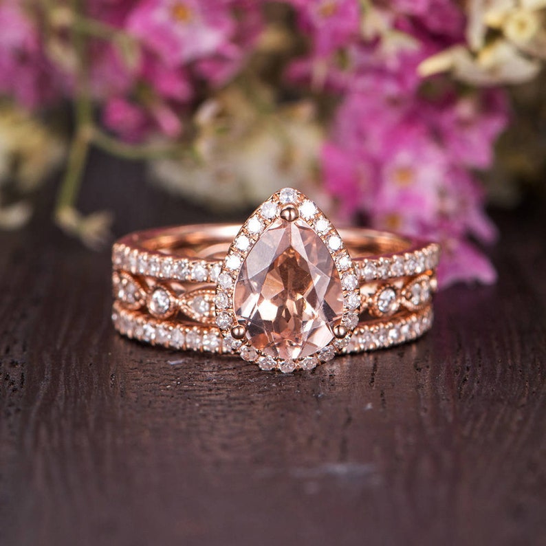 Rose Gold Engagement Ring Set Morganite Ring Pear Shaped | Etsy