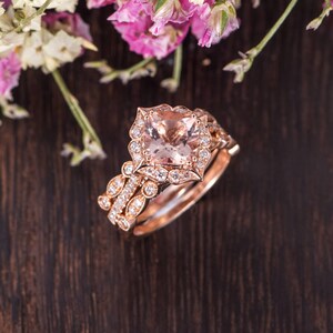 Rose Gold Engagement Ring Wedding Band Women Morganite Ring Bridal Set Antique Cushion Cut Morganite Diamond Art Deco Flower Set 3 pieces image 3