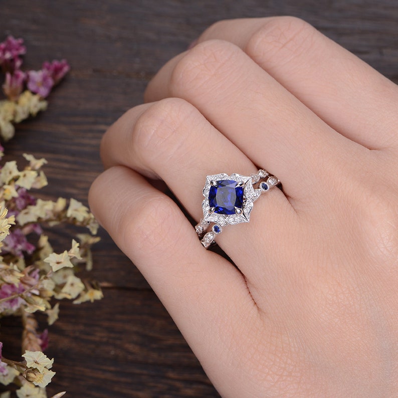 Art Deco Bridal Set White Gold Engagement Ring Cushion Cut Lab Sapphire Ring September Birthstone Wedding Band Alternating Diamond Band 2pcs image 5