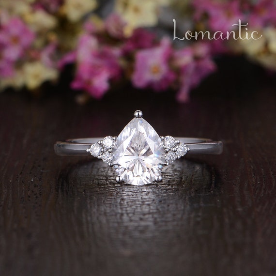 Pear Shaped Engagement Ring Moissanite Ring White Gold Engagement