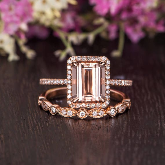 Antique Morganite Ring Emerald Cut Engagement Ring Rose Gold | Etsy