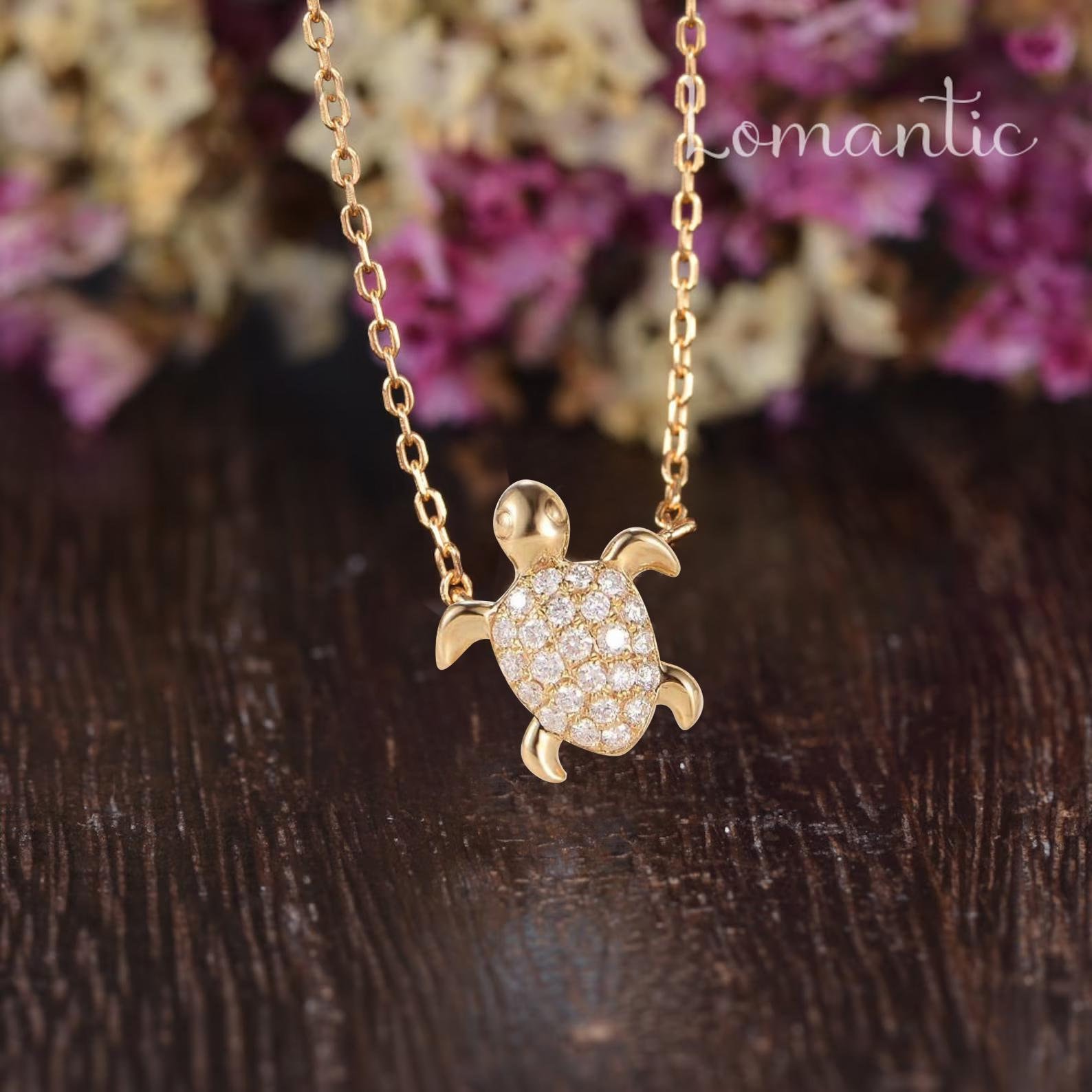 Collier tortue en diamant unique, collier animal, collier empilable en moissanite en or massif, cadeau de promesse vintage inspiré de la nature, bijoux faits main