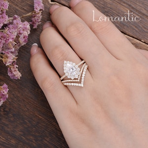 1.5ct Pear Shaped Moissanite Engagement Ring Set Vintage Unique Double Chevron Band Stacking Halo Engagement Ring Rose Gold Bridal 2pcs image 8