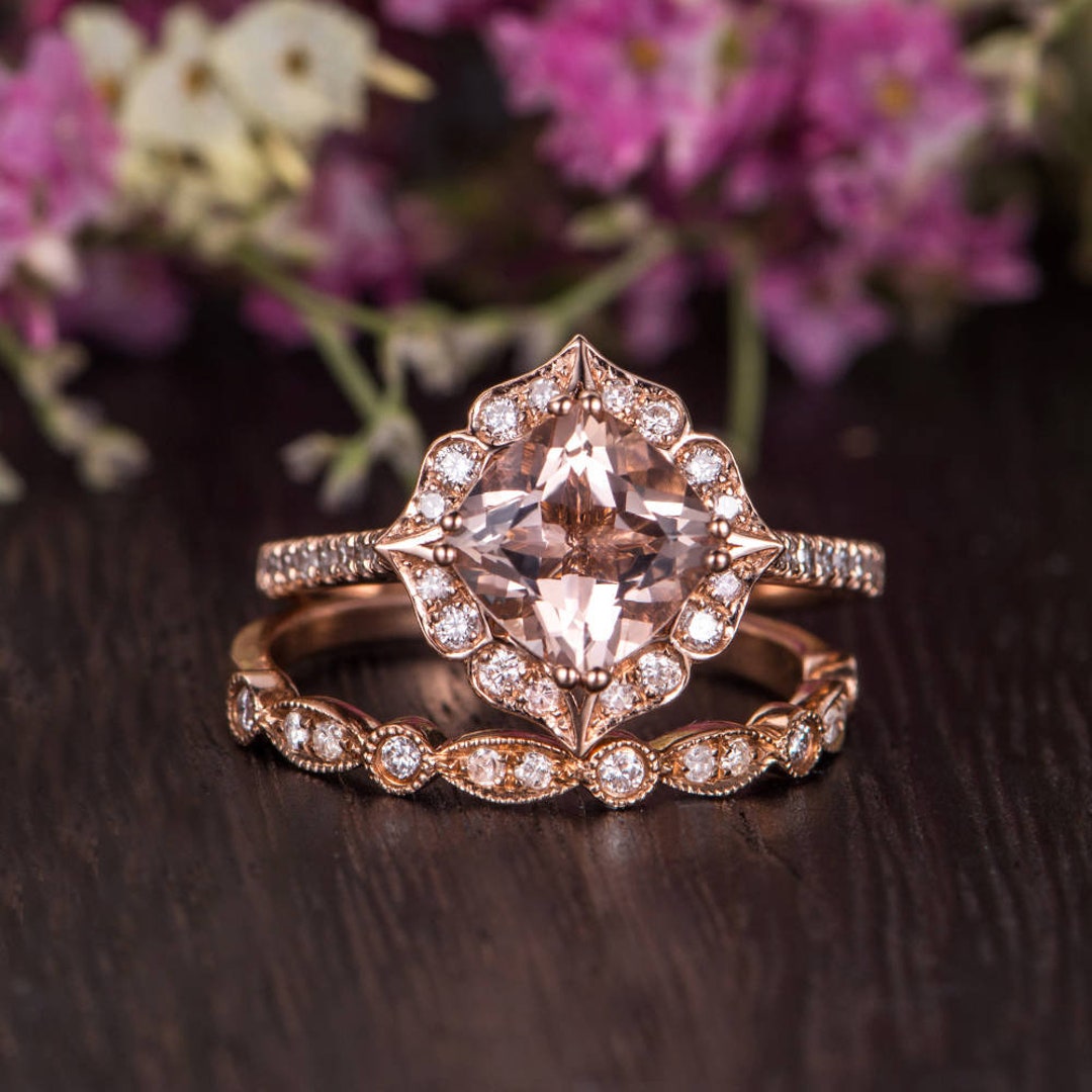 Art Deco Morganite Engagement Ring Set Rose Gold Cushion Cut Antique ...