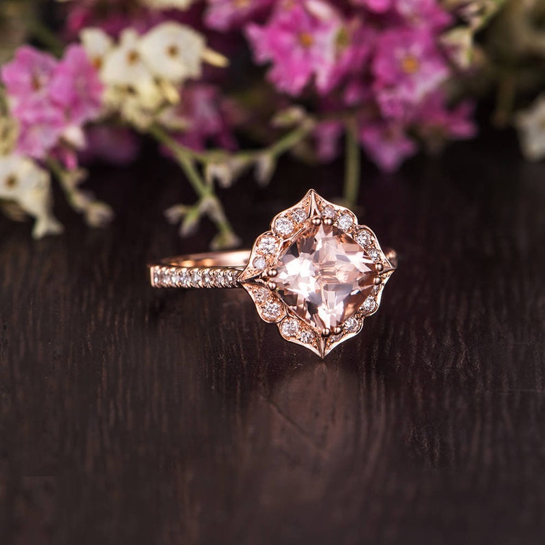 Morganite Engagement Ring Rose Gold Flower Antique Cushion Cut Morganite Diamond Halo Retro Anniversary Promise Gift Women Bridal Wedding image 1