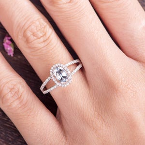 Engagement Ring Unique White Gold Ring Oval Cut White Sapphire Split Shank Eternity Antique Retro Halo Anniversary Women Promise Birthstone image 6