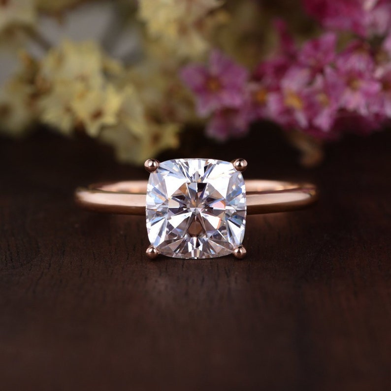 2ct Cushion Moissanite Ring Solitaire Moissanite Engagement Ring Rose Gold Ring Bridal Wedding Moissanite Ring Minimalist Anniversary Gift image 2