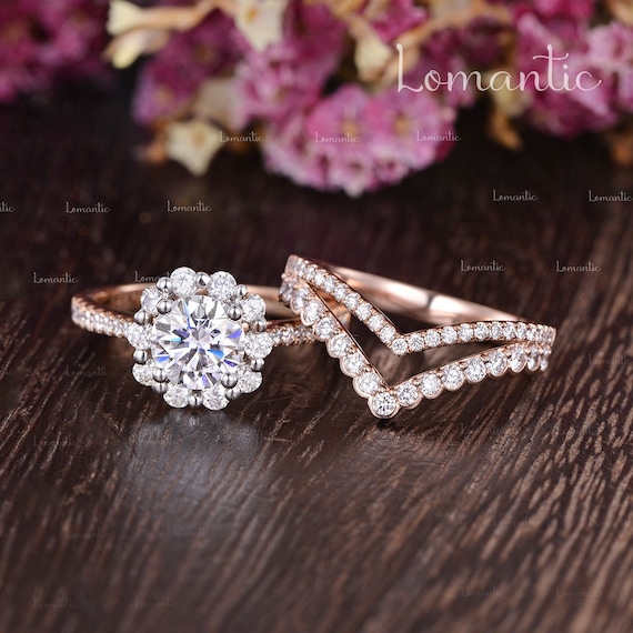 1ct Moissanite Engagement Ring Set Floral HALO Cluster Ring Rose