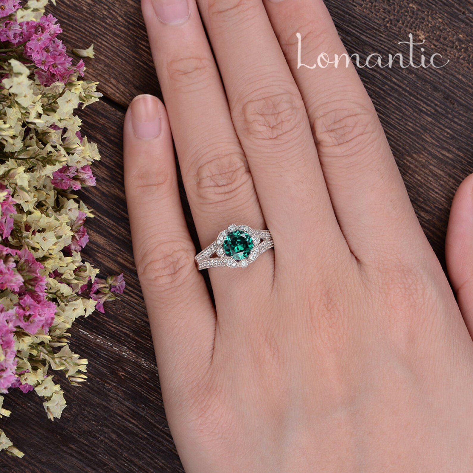 Lab Emerald Engagement Ring Antique Engagement Ring White Gold Etsy