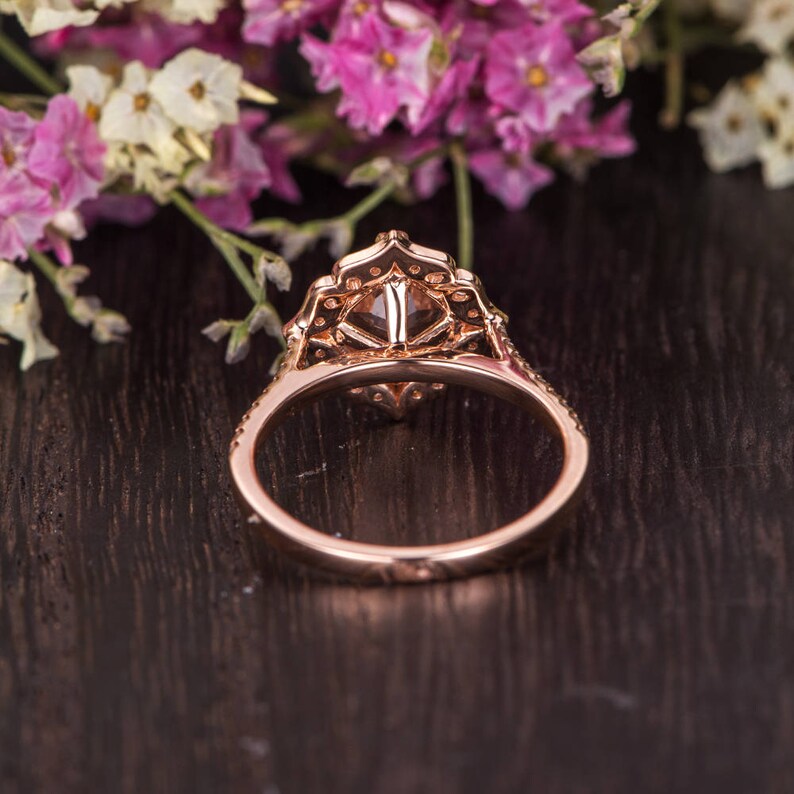 Morganite Engagement Ring Rose Gold Flower Antique Cushion Cut Morganite Diamond Halo Retro Anniversary Promise Gift Women Bridal Wedding image 4