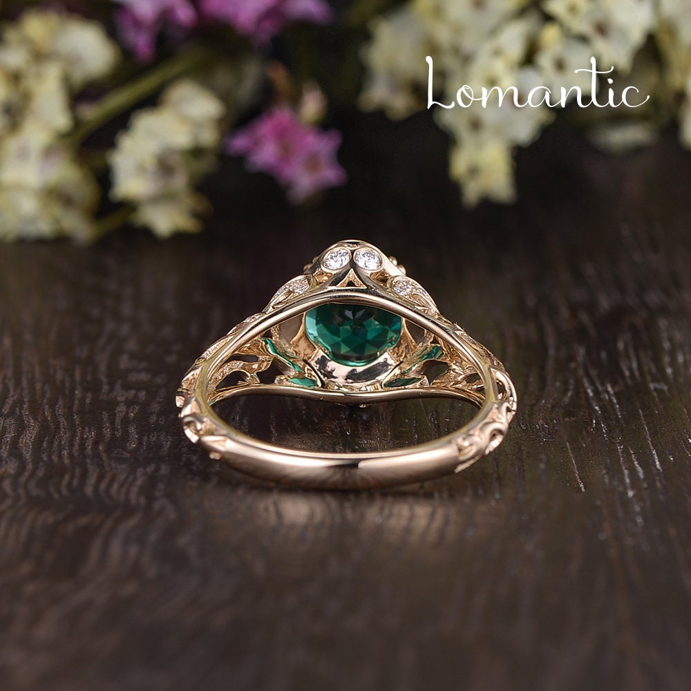 Emerald Antique Style Milgrain Diamond ring - 14K White Gold |JewelsForMe