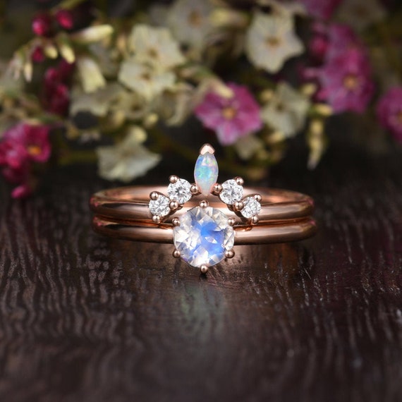 Unique Moonstone Ring Set Rose Gold Engagement Ring Antique | Etsy