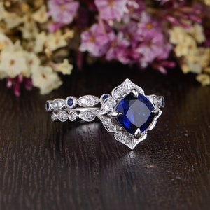 Art Deco Bridal Set White Gold Engagement Ring Cushion Cut Lab Sapphire Ring September Birthstone Wedding Band Alternating Diamond Band 2pcs image 2