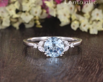 1CT Round Aquamarine Engagement Ring White Gold Cluster Five Stone Ring Diamond Antique  Anniversary Women Vintage 6.5mm Blue Stone