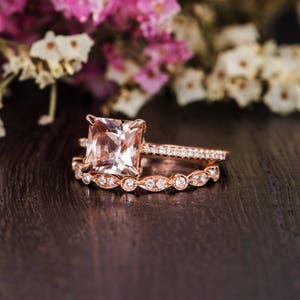 Unique Morganite Ring Rose Gold Art Deco Wedding Band Women Bridal Set Princess Cut Morganite Engagement Diamond Antique Anniversary 2pcs image 4